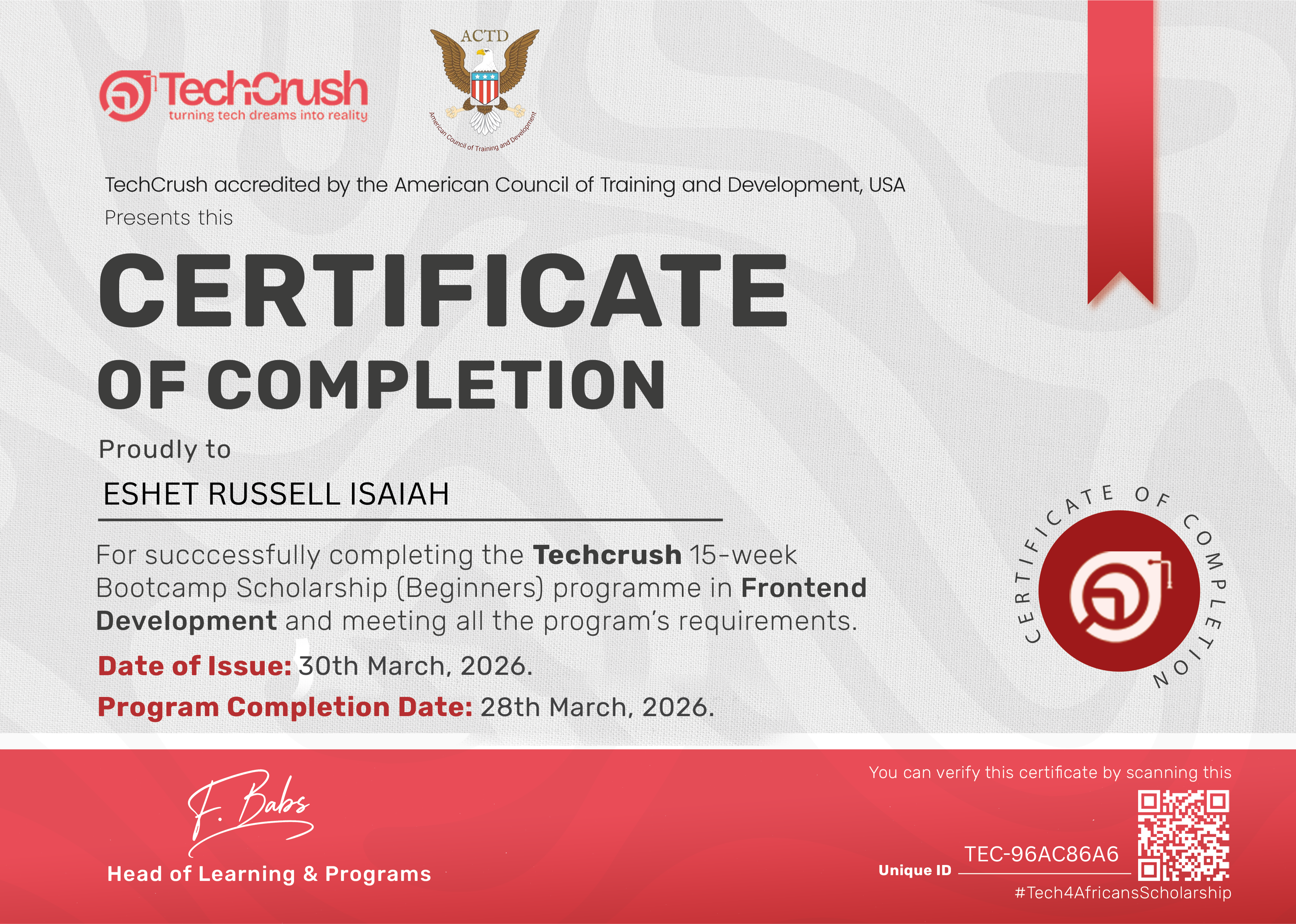 TechCrush Frontend Development certificate awarded to Eshiet Russell